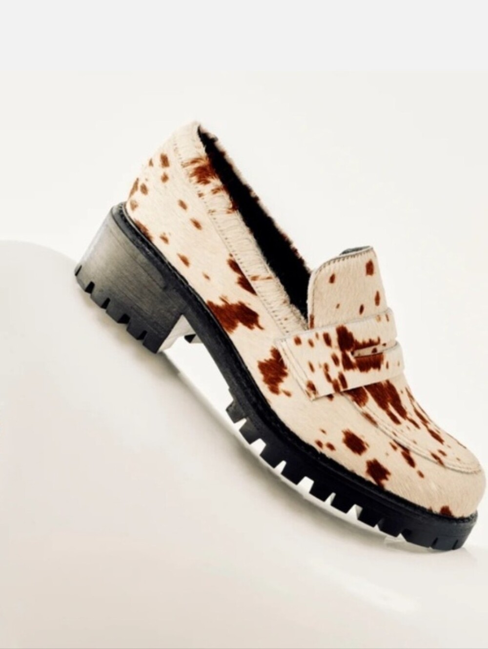 Maguire Sintra Bambi Cowhide Penny Loafers in White and Brown Spot